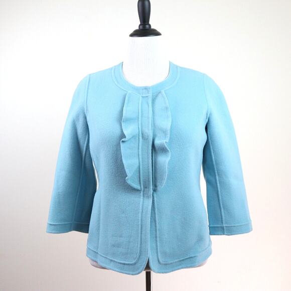 Talbots Size M Boiled Wool Ruffle Jacket 3/4 Sleeve Powder Blue - Picture 2 of 9